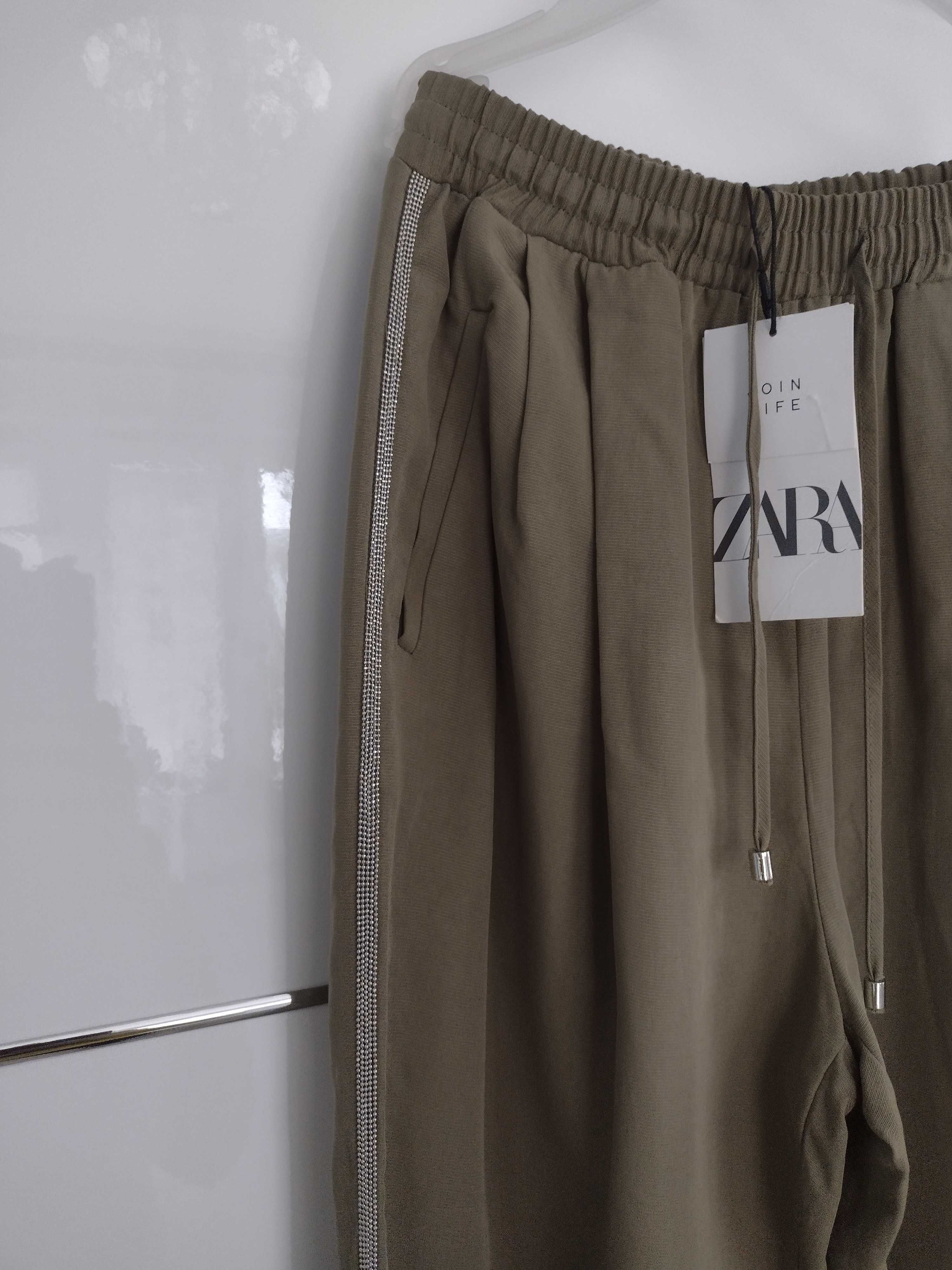 Zara Spodnie joggery błyszczące lampasy wysoki stan XS S nowe