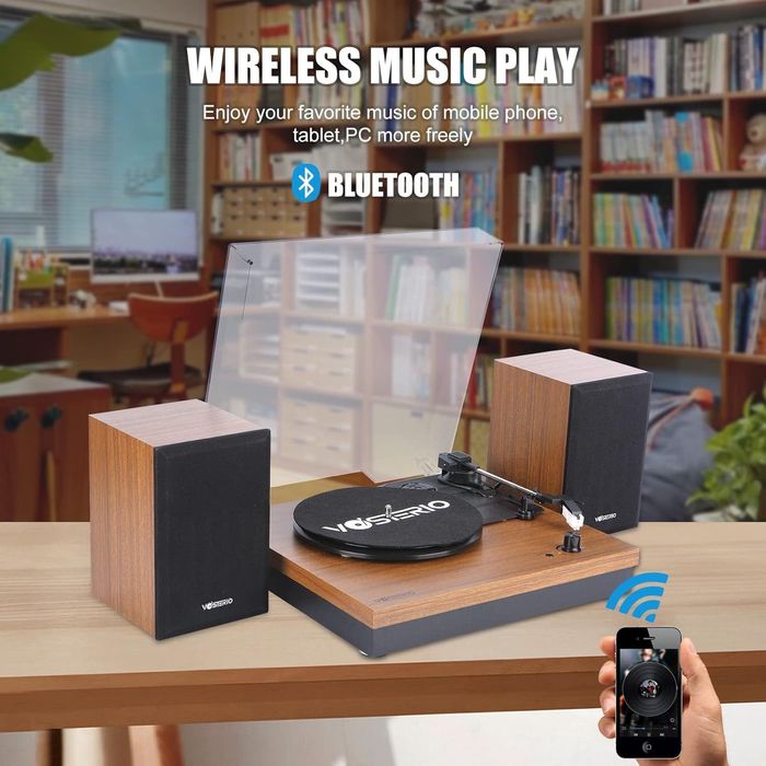 Gramofon z Bluetooth Retro z głośnikami stereo, Auto-Stop, Paskowy