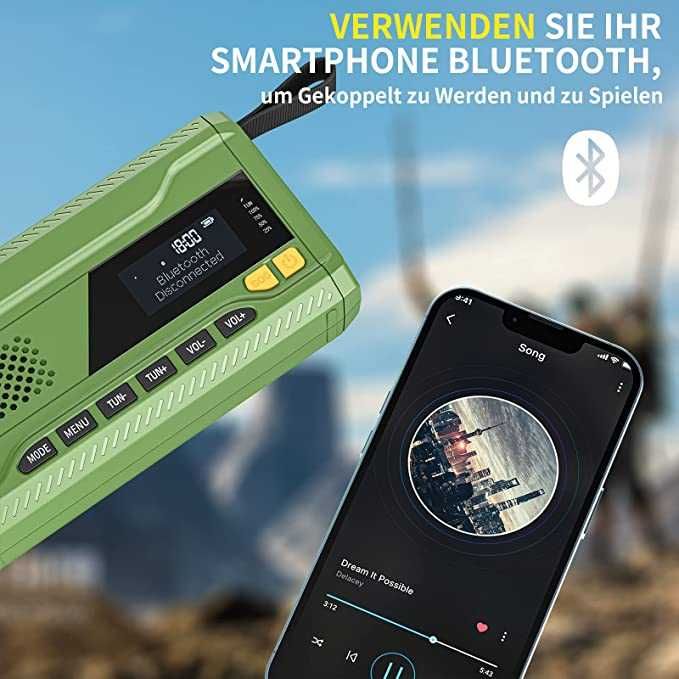 Radio Przenośne Solarne Dynamo BT/DAB+/FM/AM Radioodbiornik SOS USB-C!