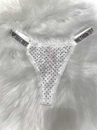 Stringi Victoria’s Secret białe w kropki majtki cyrkonie shine strap M