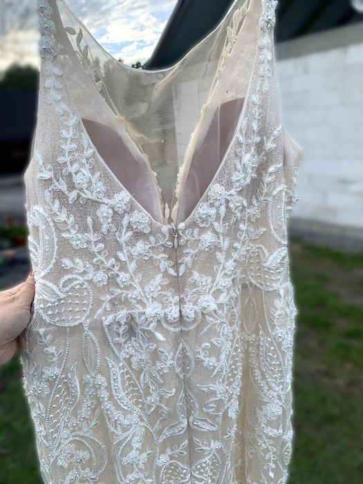 Suknia ślubna syrenka dopasowana ręcznie zdobiona tren+welon 3 metrowy