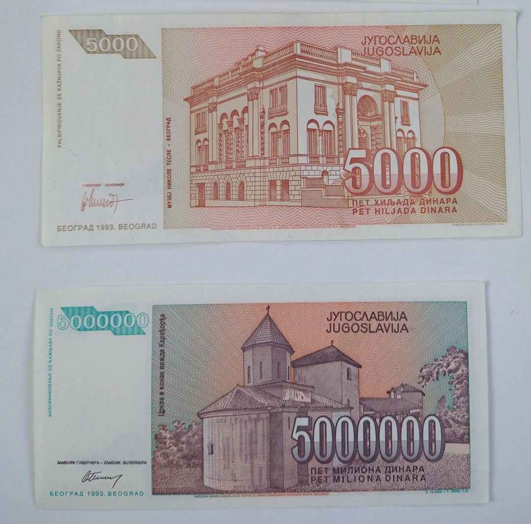 zestaw banknotów 5000-5mln dinarów  ,2 szt. , państwo Jugosławia
