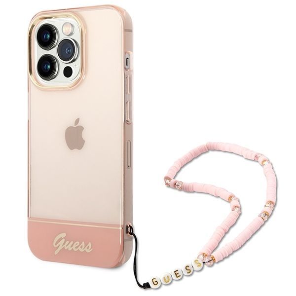 Etui Guess iPhone 14 Pro Max 6,7" Różowe Translucent Pearl Strap