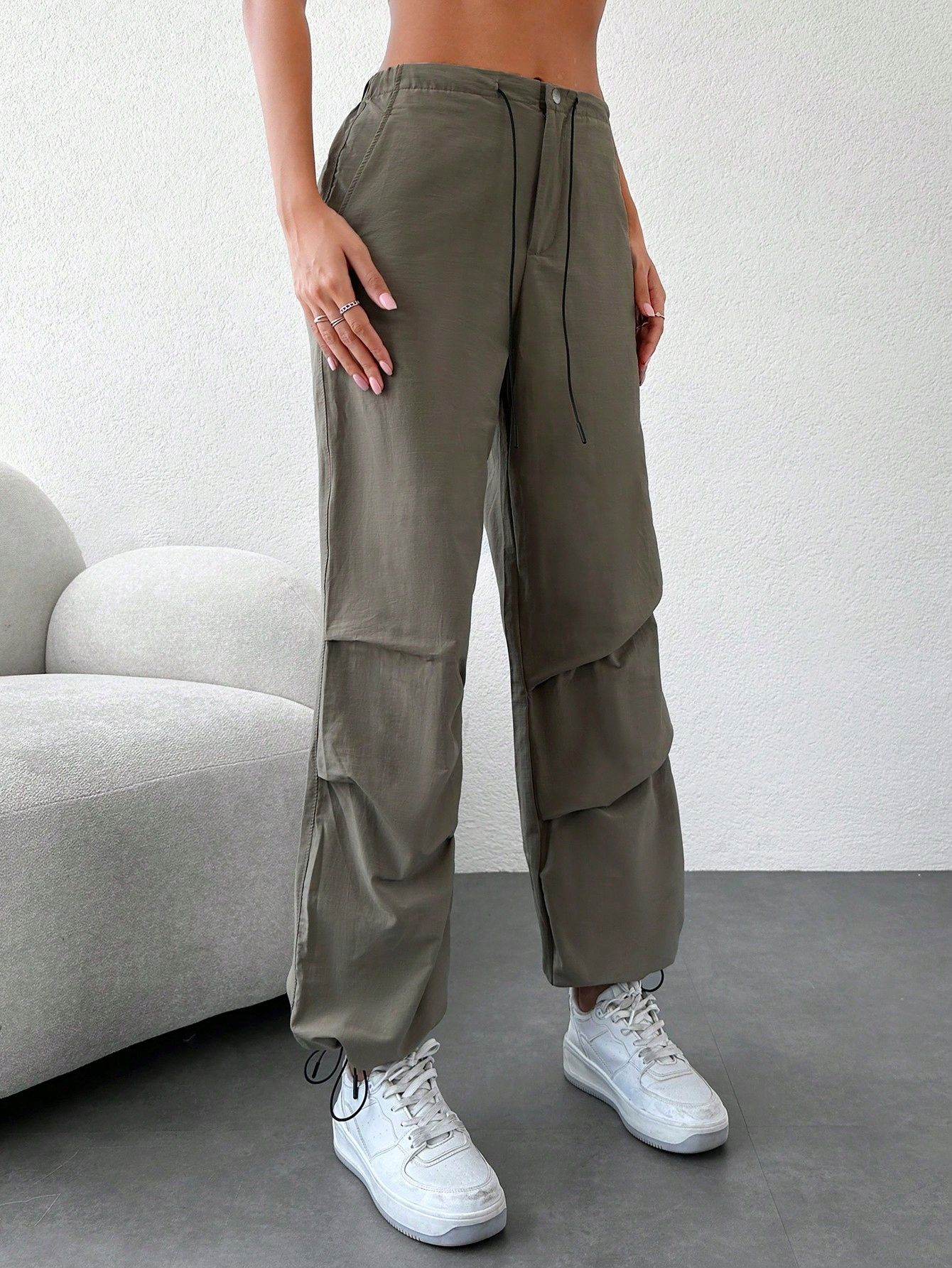 Spodnie Parachute Bawełniane Marszczone Sznurowane Khaki Shein Xs 34