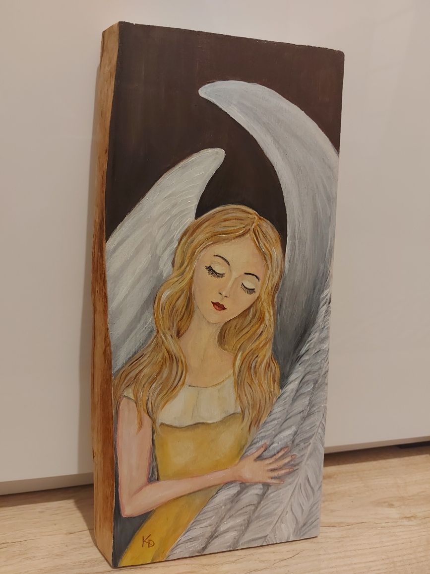 Anioł malowany ręcznie na desce