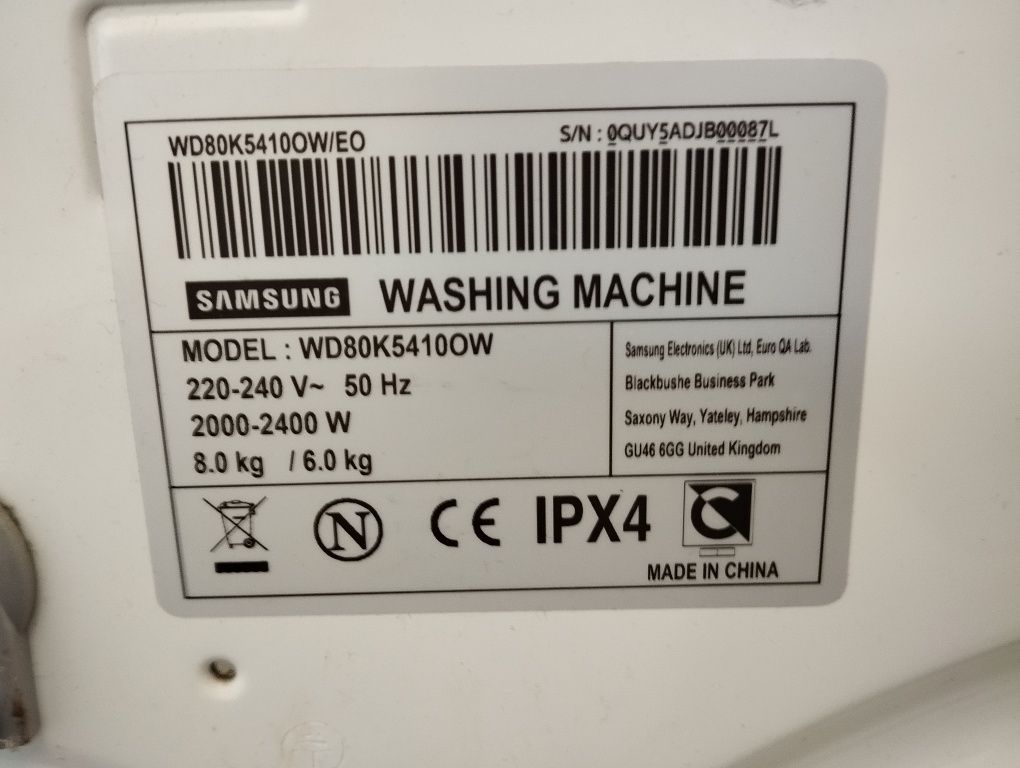 Pralko suszarka Samsung na Części uszkodzona wd80k5410ow