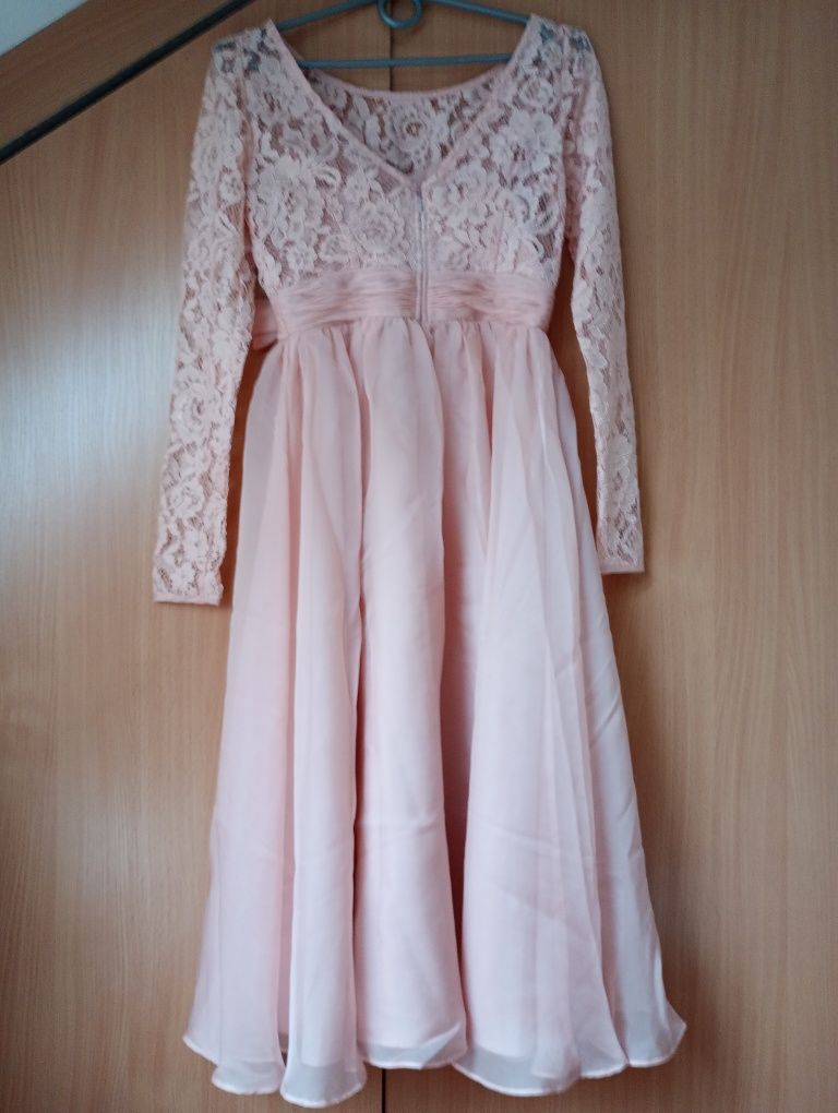 Suknia midi morelowa z rękawem r.32-34"asos"