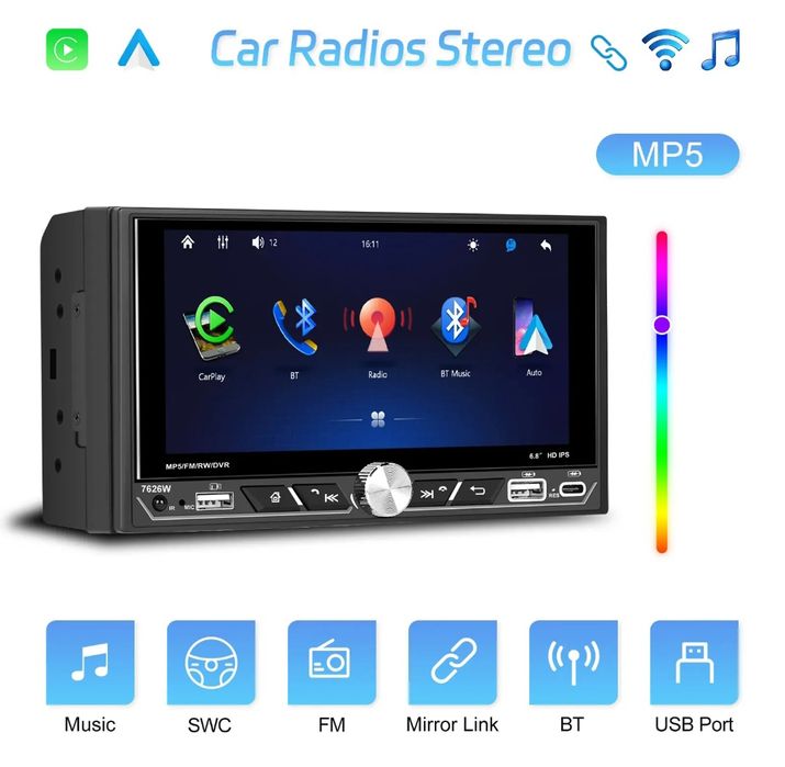 Autorrádio 6.8" IPS 2Din Wireless CarPlay/Android Auto BT USB