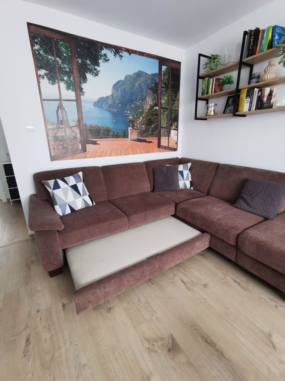 Narożnik rozkładany z funkcją spania – 2,40 x 2,30 m – brązowy