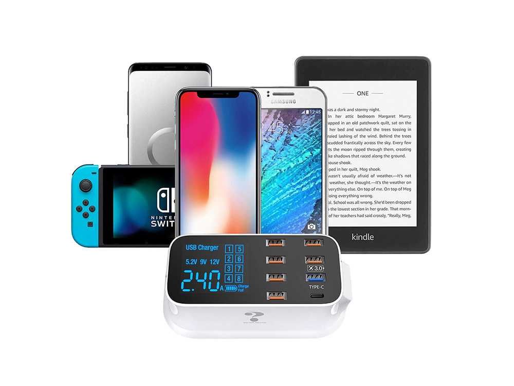 Szybka ładowarka do telefonu 8xUSB QC 3.0 TYP C biurkowa SIECIOWA LCD