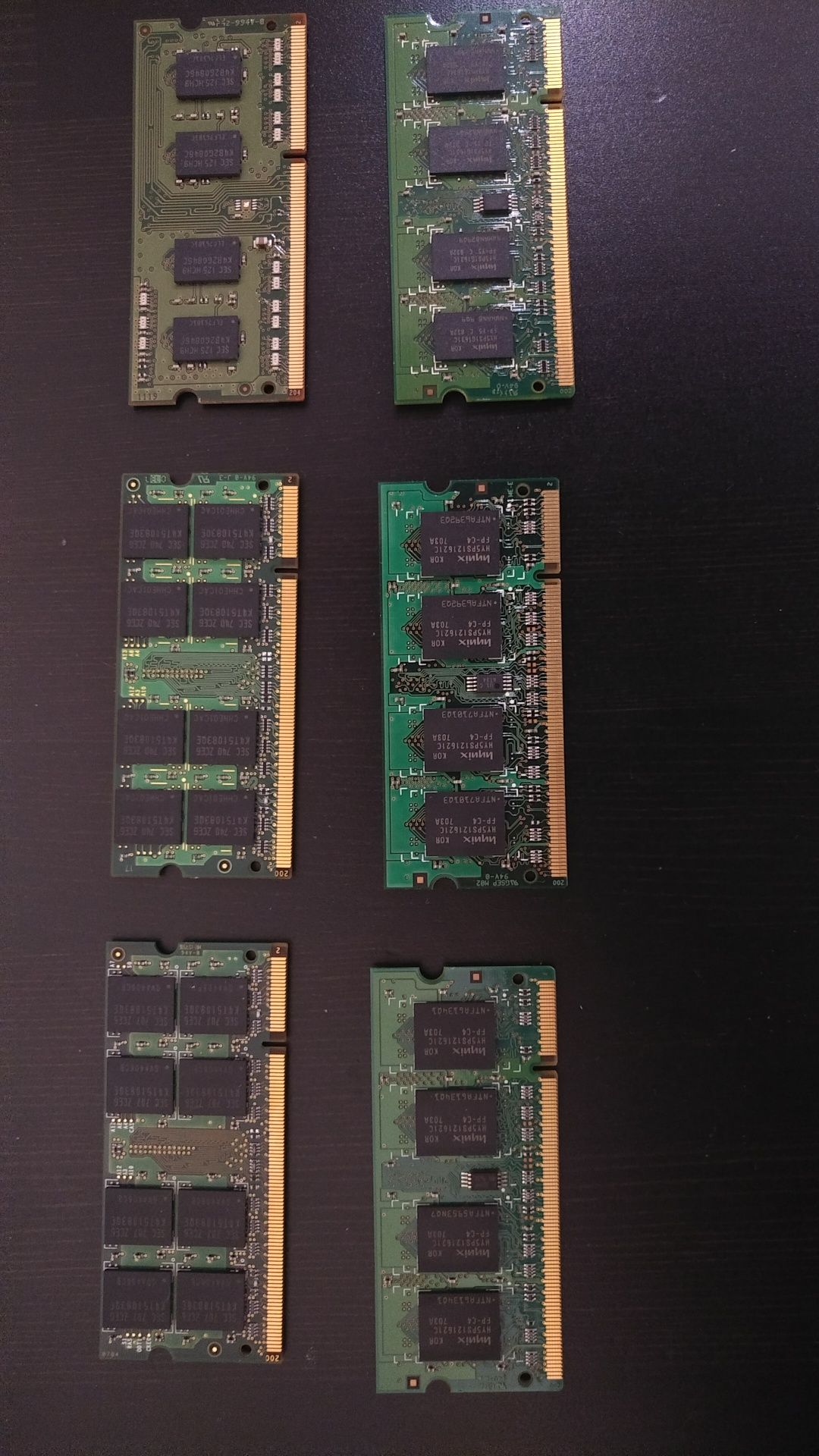 6 kości pamięci RAM DDR2 i DDR3 do laptopów marek Samsung oraz Hynix