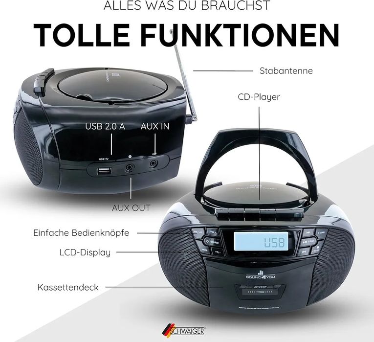 SCHWAIGER -658026- Портативний CD плеєр з касетами та радіо | MP3 | US