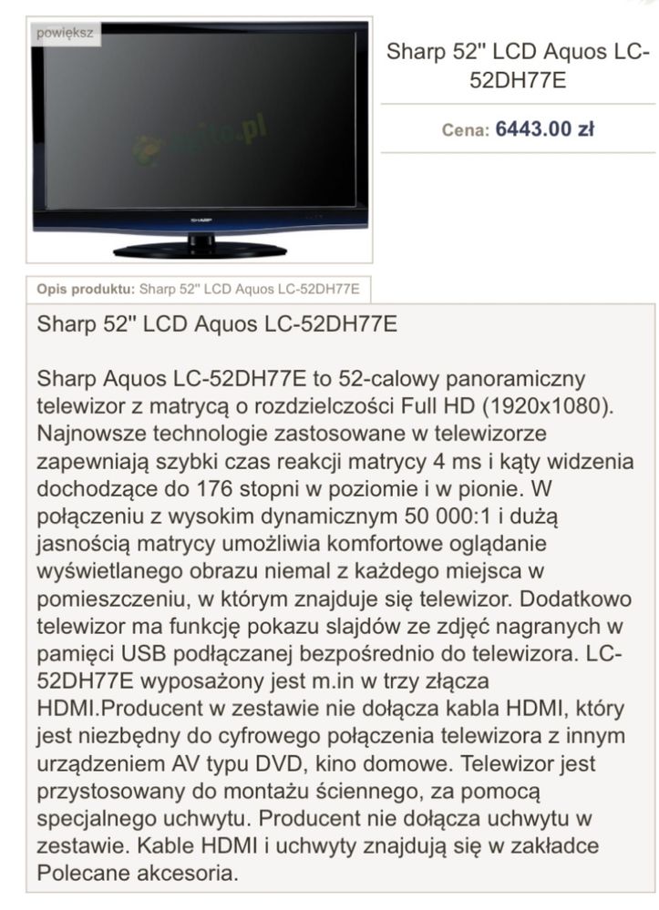 Telewizor Sharp Aquos duży 52’ jak nowy