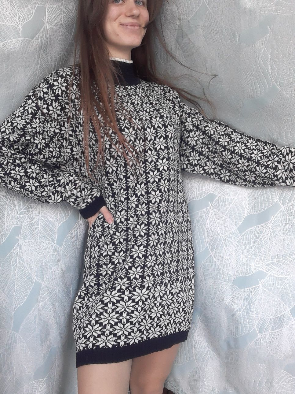 Długi sweter z półgolfem w śmieżynki vintage m/l xs s