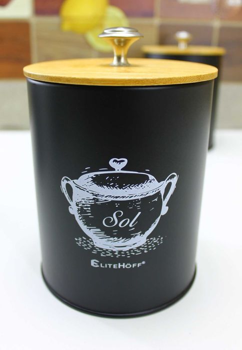 Pojemniki czarne puszki Kawa Herbata Cukier Sól z Maselniczką E6055