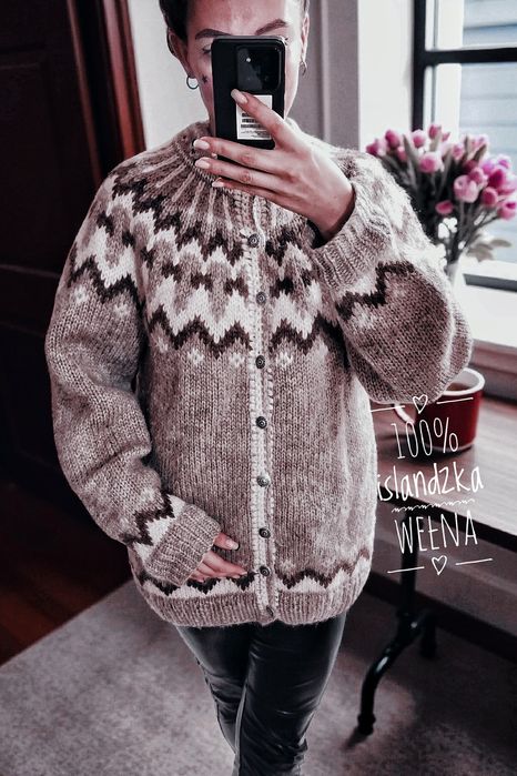 Sweter lopapeysa wełniany płaszczyk norweski wzór wełną wool premium