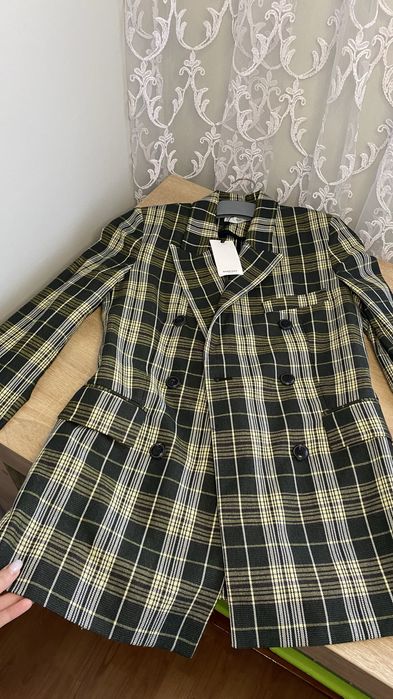 Двобортний блейзер Mango  | Зелено-кремовий тартан | Розмір XS