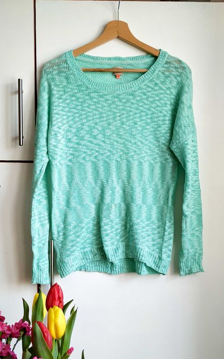 Turkusowy miętowy sweterek Only cienki lekki duże oczka boucle