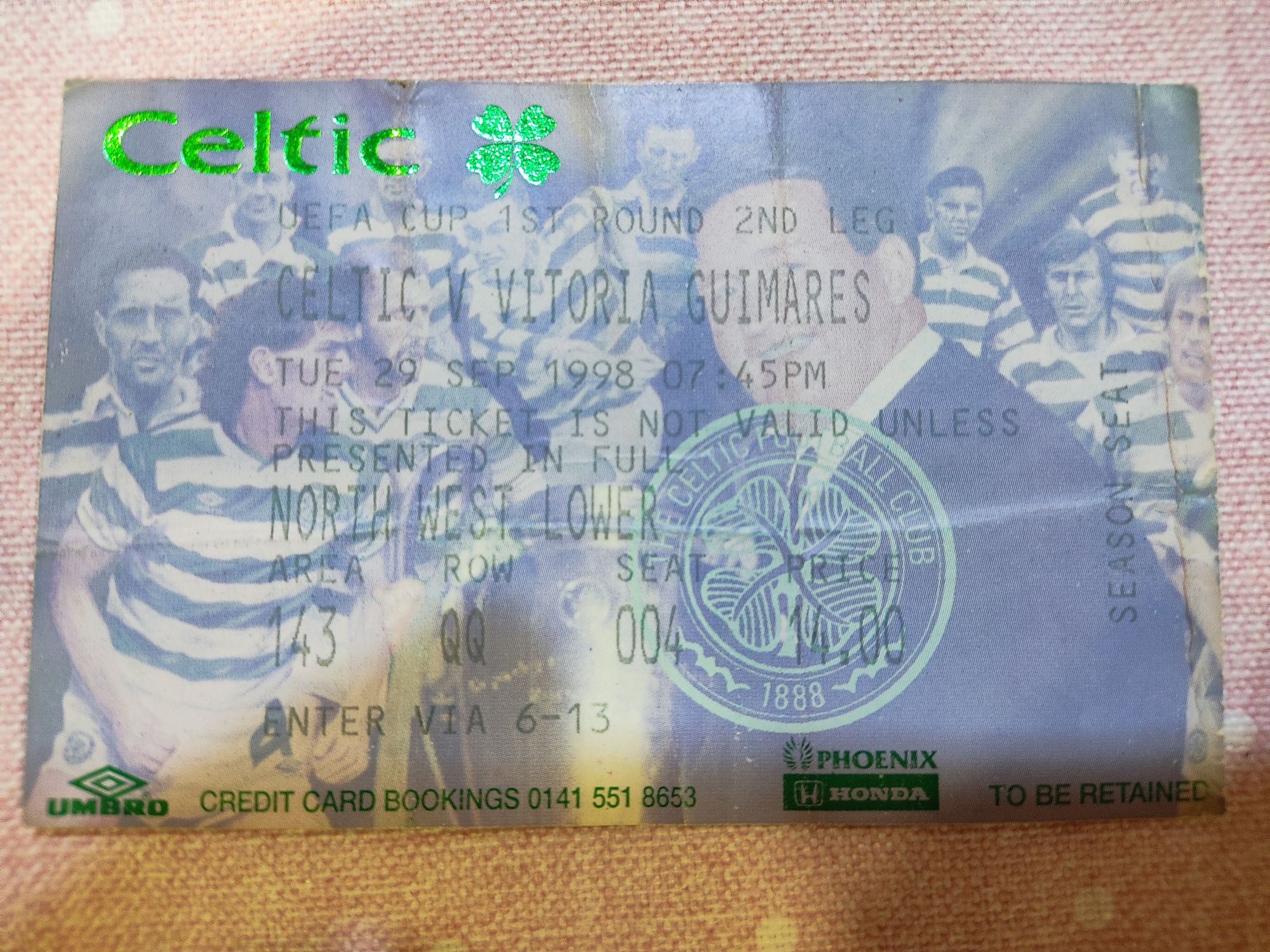 Bilhete do jogo Celtic Vitória sport Clube Guimarães 1998 UEFA