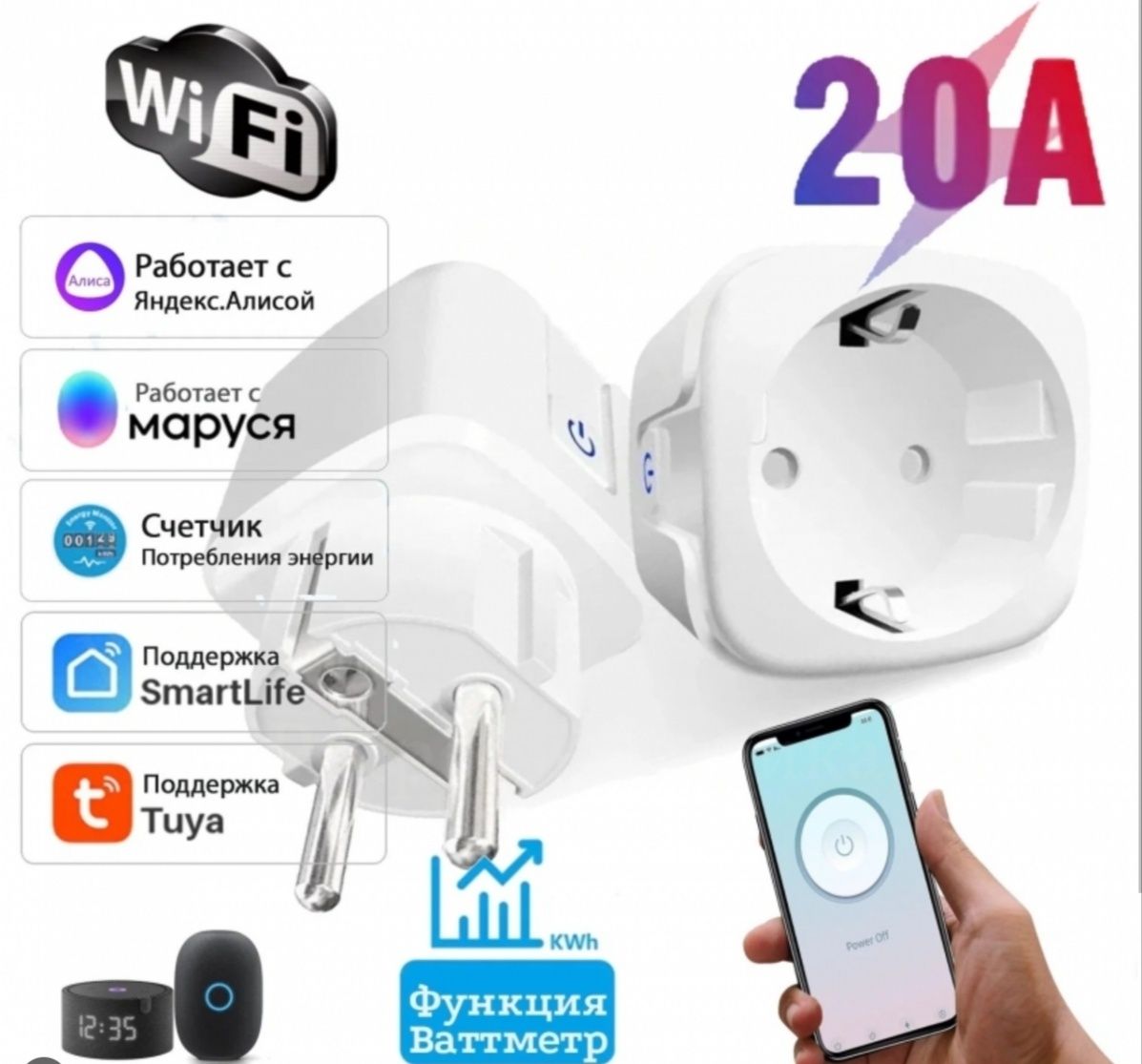 Розумна смарт розетка Tuya Smart WiFi Head 20А з лічильником електроен