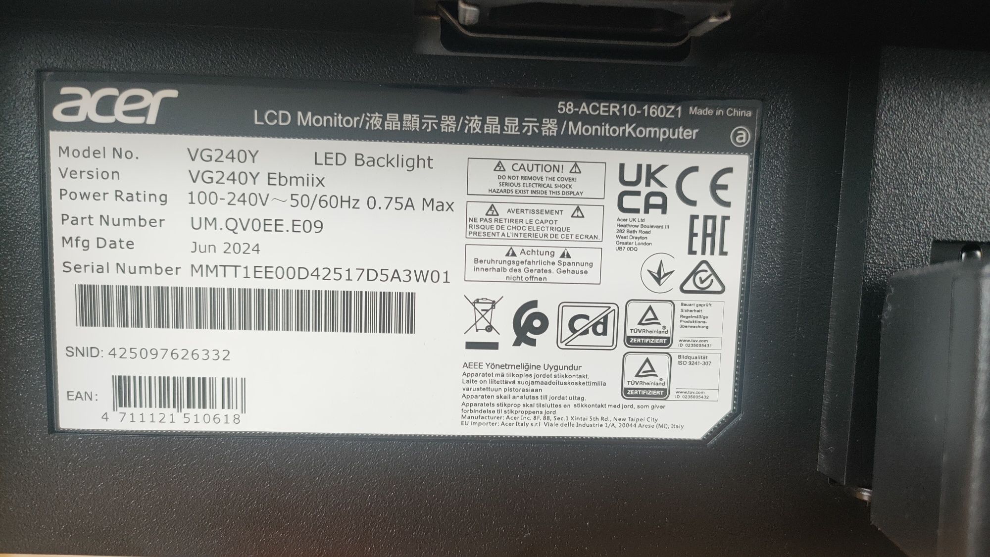 Monitor ACER Nitro VG240YEBMIIX 23.8" 1920x1080px IPS 100Hz 1 ms