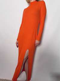 Zara Pomarańczowa sukienka z prążkowanej dzianiny