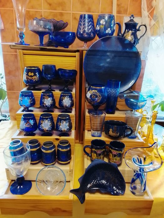 Блюда. Фужеры.Бокалы. Синее стекло и фарфор. Эксклюзив