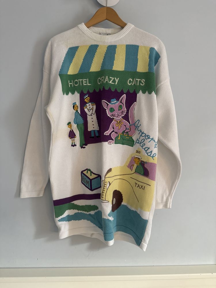 Sweter vintage duży koty męski damski kolorowy samochody wzory bawełna
