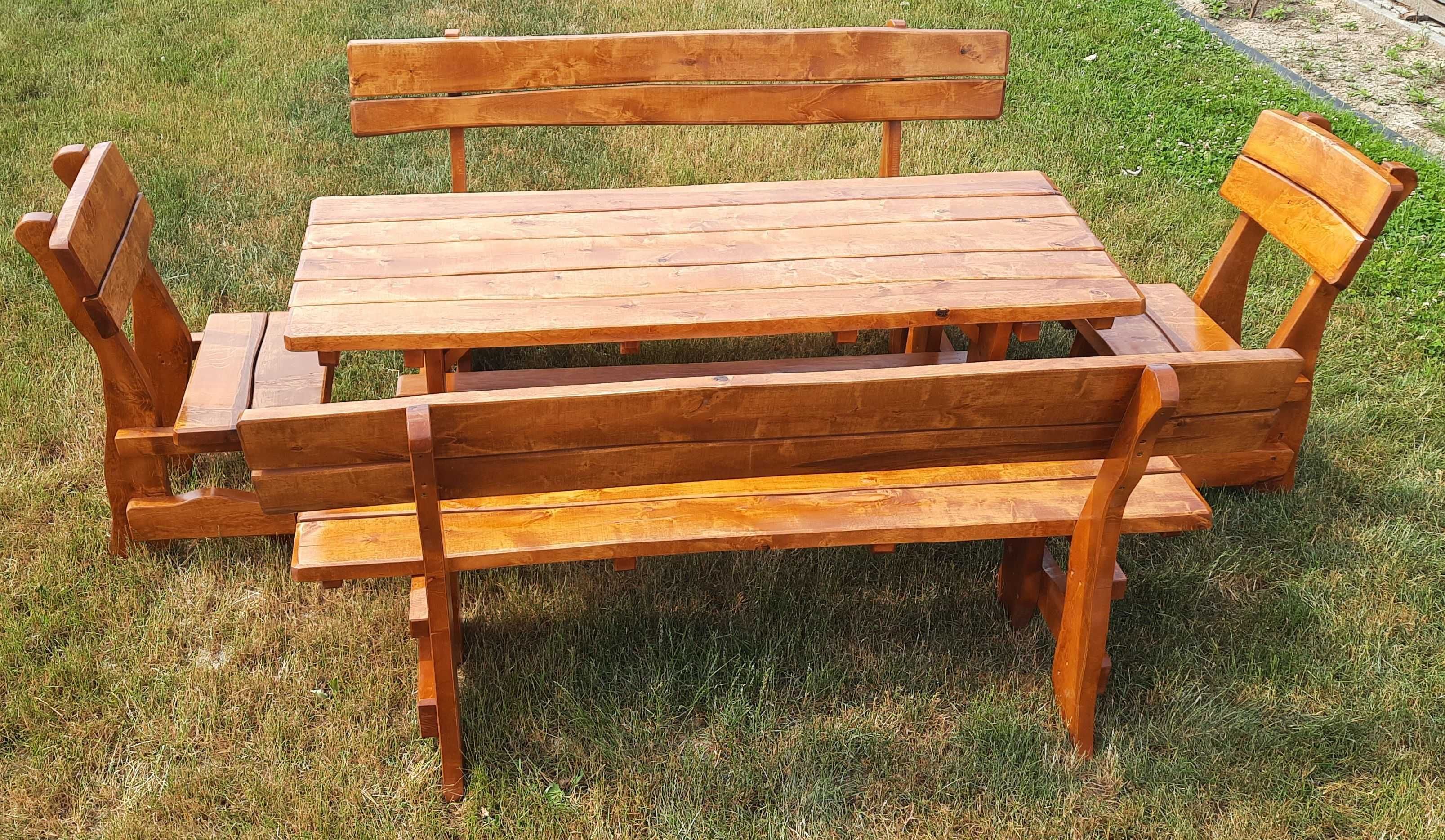 zestaw mebli drewnianych stół 200x78 2 ławki 2 krzesła