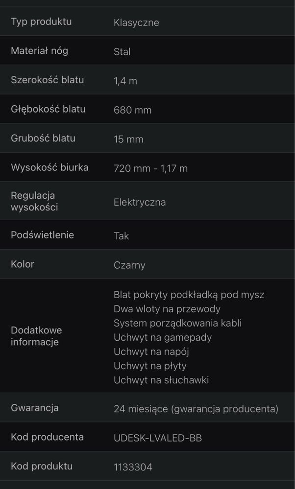 Biurko Gamingowe Ultradesk LEVEL V2 LED RGB (Czarne)elektryczne