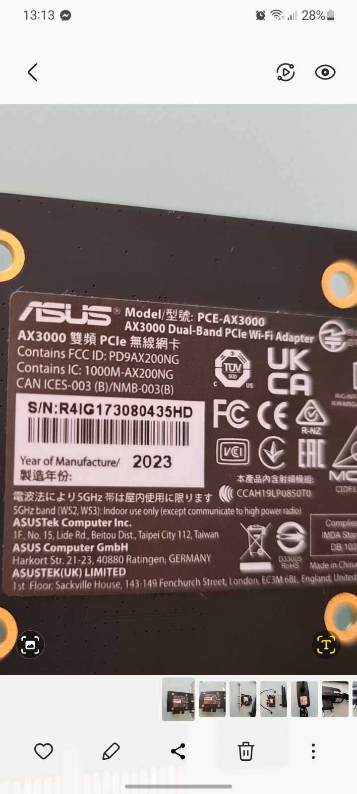 Asus PCIE-AX3000 Placa de Rede WiFi 6 PCIe AX3000