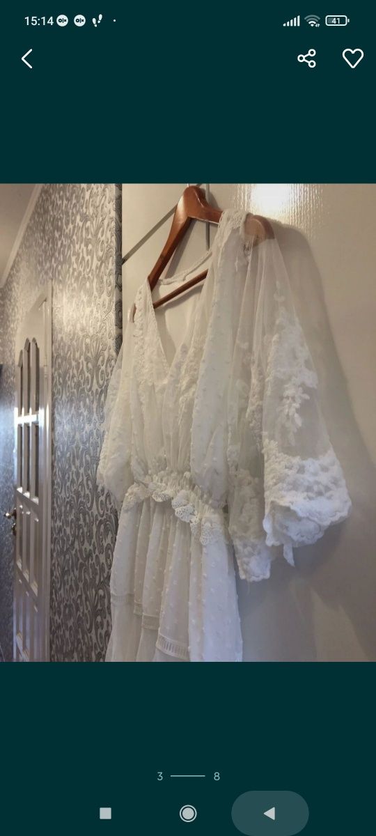 Sukienka biała tiulowo koronkowa maxi długa Boho elegancka wizytowa