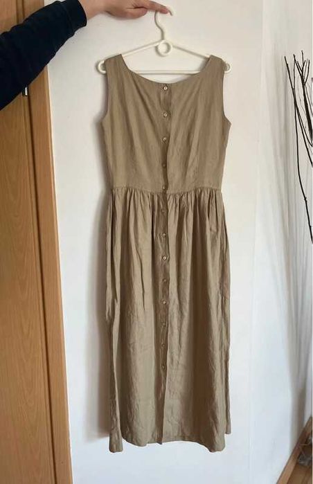 Sukienka maxi letnia lniana beżowa S 36