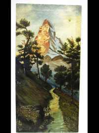 antiga pintura -óleo-paisagem suíça com Matterhorn-assinada J. Bornand