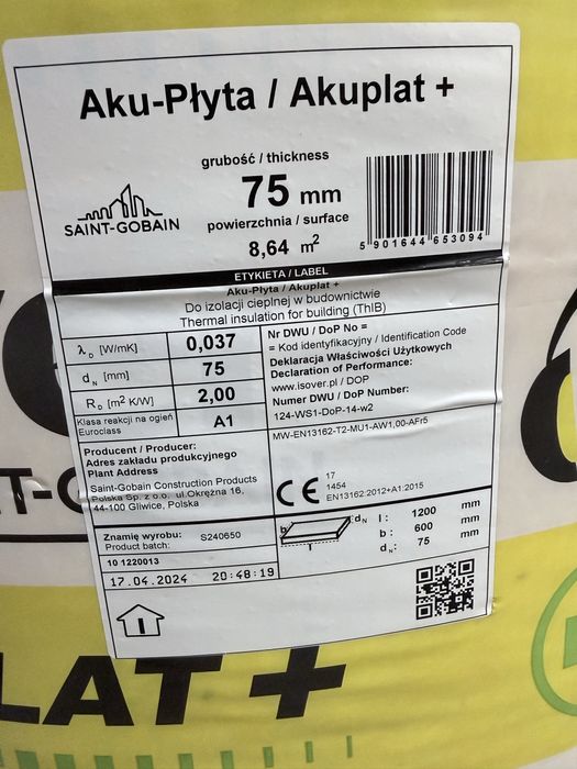 Isover Aku-płyta Akuplat + plyta 75mm Wełna mineralna