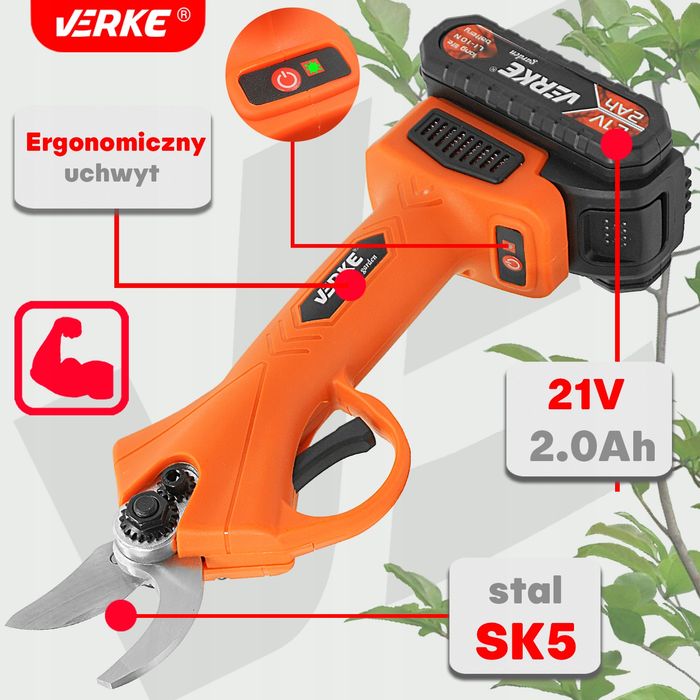 Sekator Akumulatorowy 21V, 2X2,0Ah Verke Garden V90703 zestaw