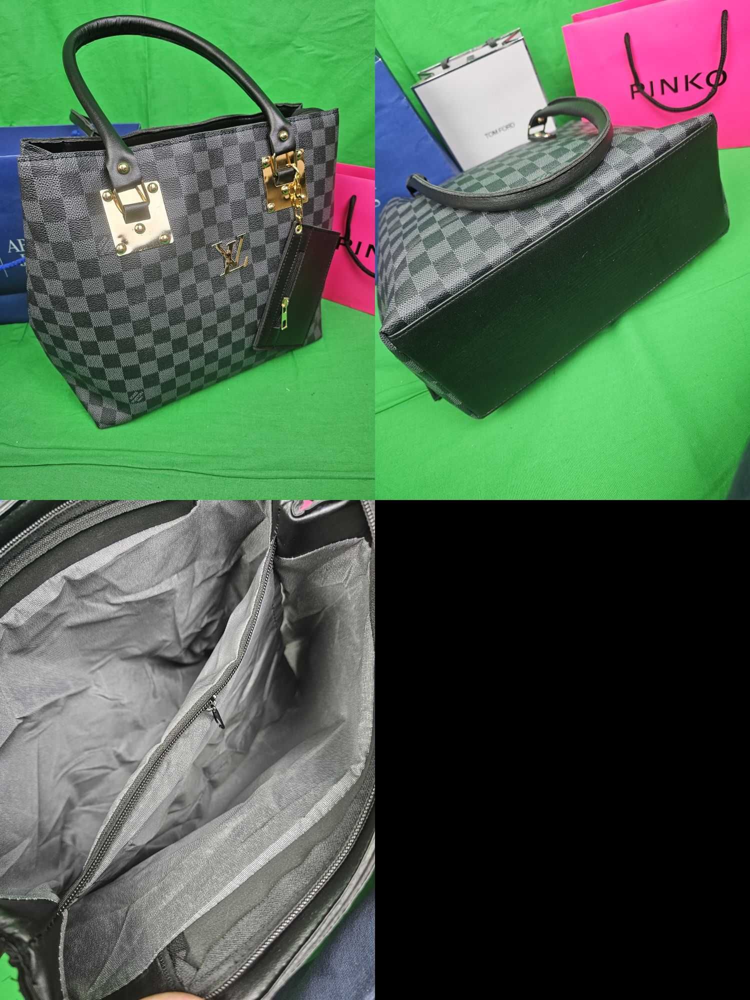 Torba Louis Vuitton torebka logowana czarna kremowa kratka z saszetka