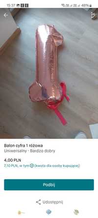 Balon cyfra 1 różowy 86 cm