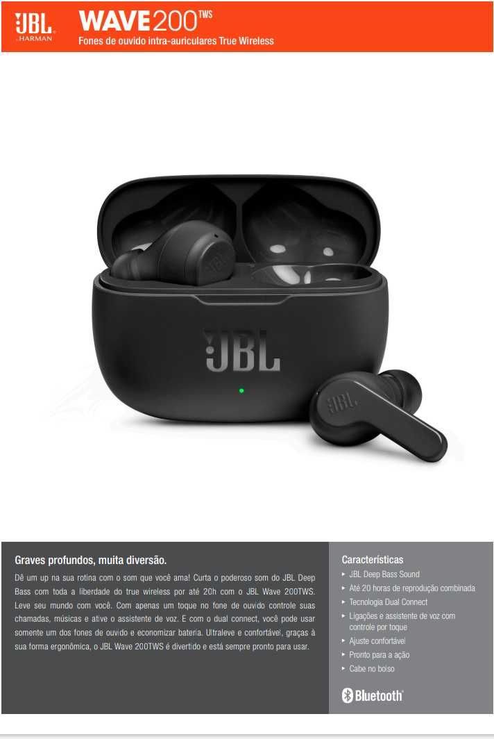 Fones de ouvido bluetooth original JBL WAVE 200 TWS. Caixa lacrada.