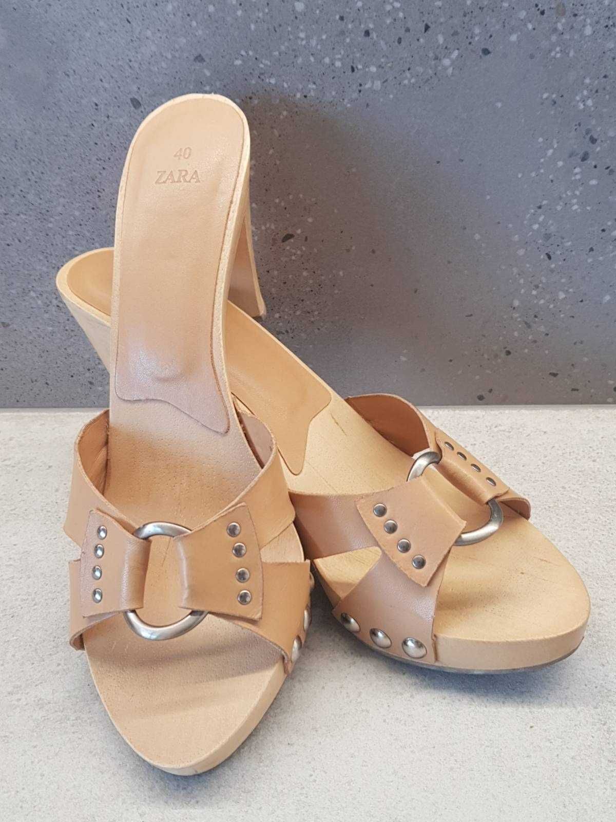RETRO musztardowe otwarte szpilki ZARA, wierzch - skóra, rozm. 40