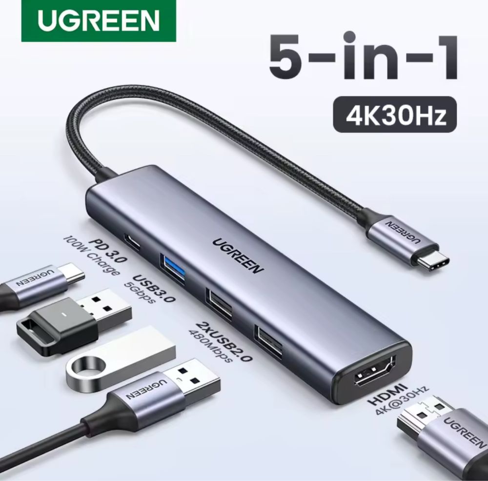 USB хаб (концентратор) UGREEN CM478 5 в 1 USB Type- C з HDMI 4K