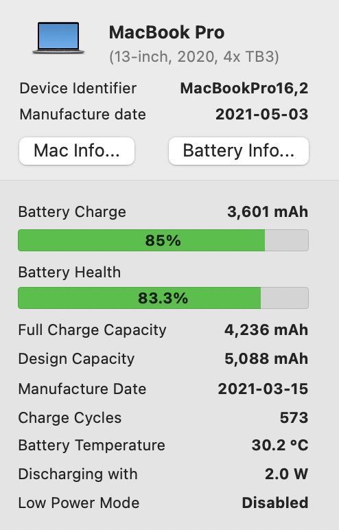 MacBook Pro 13’ 2020 Intel i5 16GB 512GB Space 83%