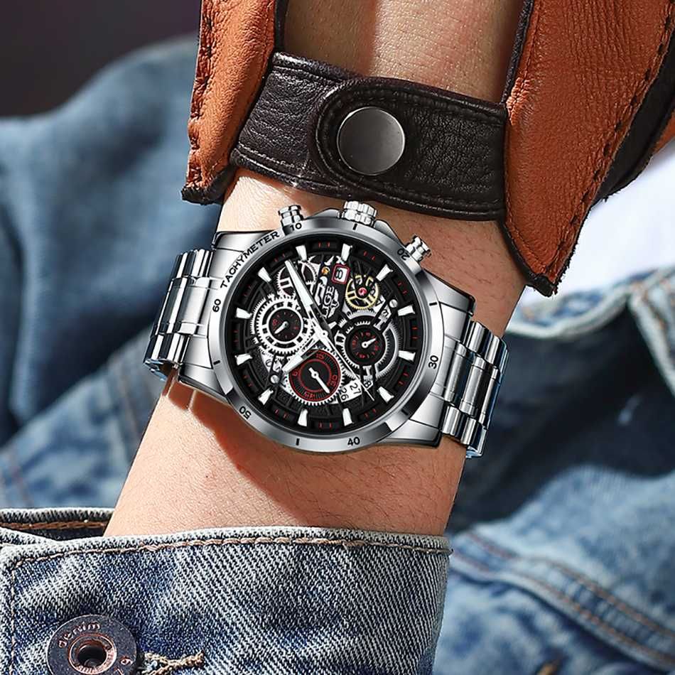 Relógio Luxuoso Masculino LIGE bracelete metal prateado