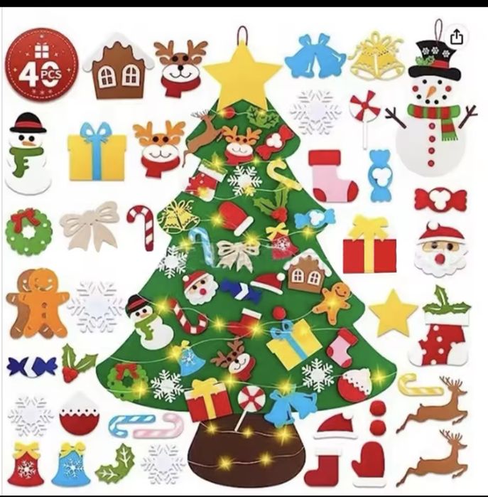 Ялинка з фетру 32 або 40 прикрас на липучках з гірляндою