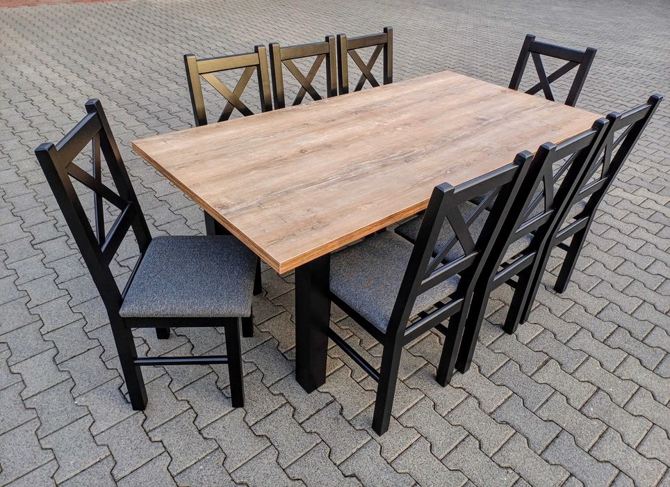 Stol 185/244x95+8 krzesel krzyzowe biale+blat drewno retro