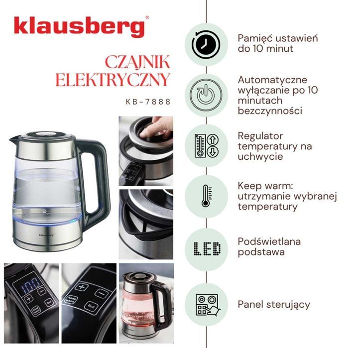 Czajnik Elektryczny Szklany 1,7L Klausberg Kb-7888 Led Rgb