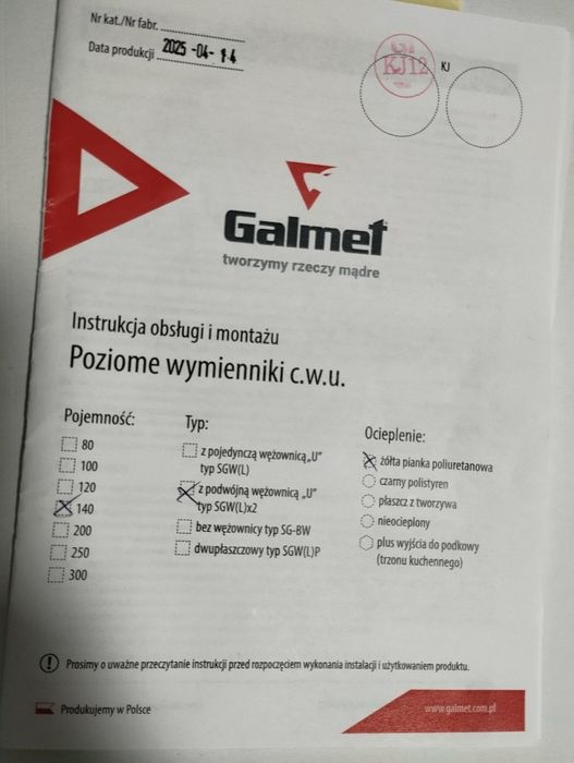 Wymiennik Galmet  140l SGW-L z Podwójną Wężownicą bojler