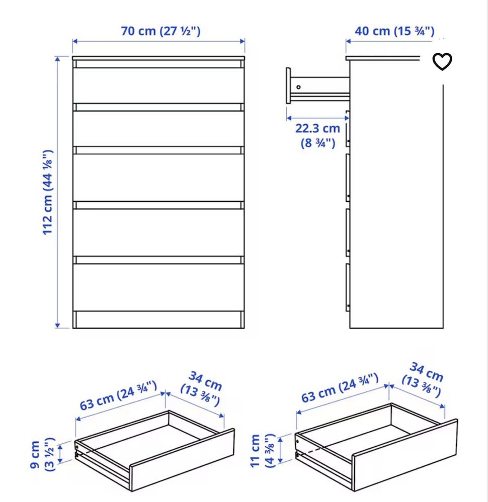 Cómoda IKEA KULLEN c/5 gavetas, branco, 70x112 cm