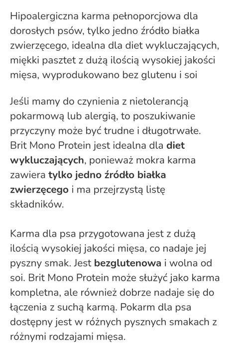 24x400g Brit Mono Protein Wołowina Hipoalergiczna bez ZBÓŻ 
Wysokiej j