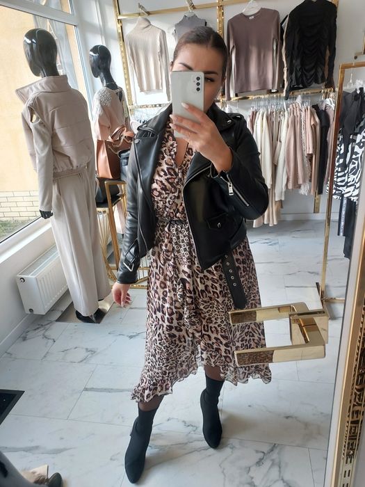 Długa sukienka 36 panterka asymetryczna